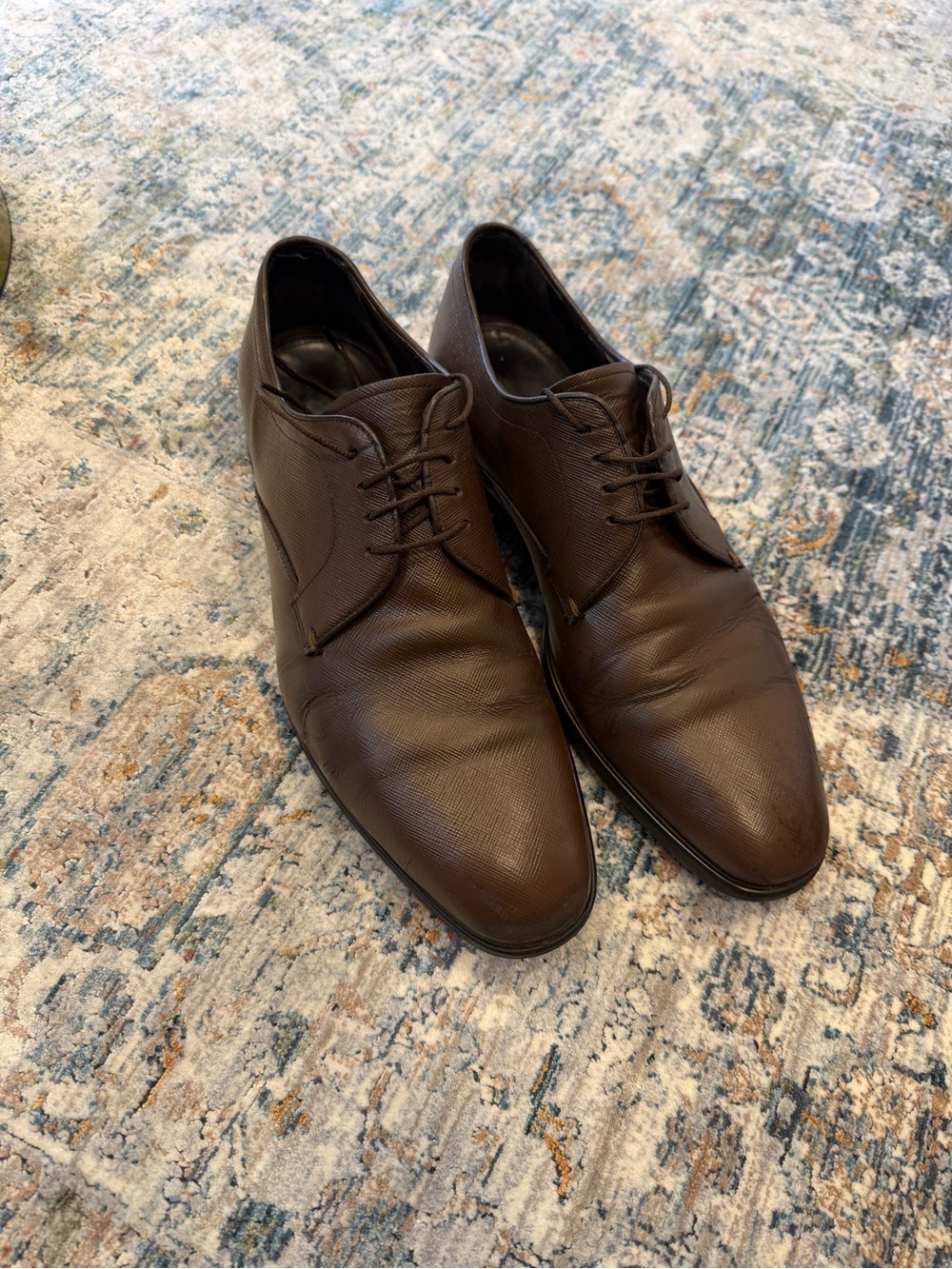 Prada Men’s Saffiano Leather Derby Dress Shoes – Brown – Size 9 US